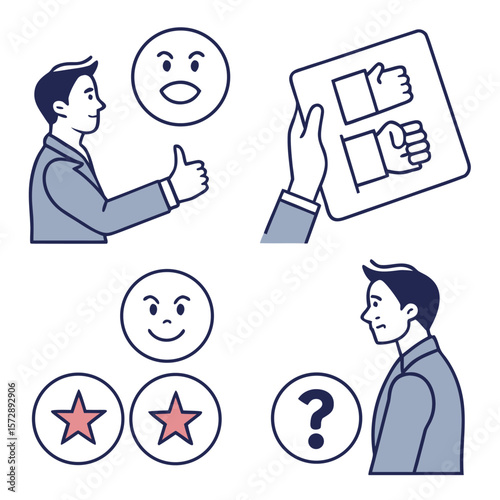 Customer feedback and satisfaction evaluation with positive and negative sentiment indicators star ratings and question marks representing user experience and service quality assessment