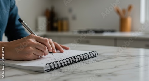 Person is writing in a notebook on a kitchen marble countertop to make a to do list for planning and goal setting