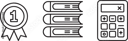 Trio of Educational Icons A Medal, Books, and Calculator Promoting Knowledge and Success