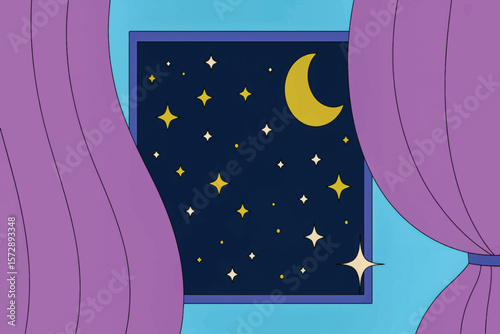 Minimalist flat illustration of a blue-framed window with purple curtains revealing a navy night sky, golden stars, and a crescent moon 