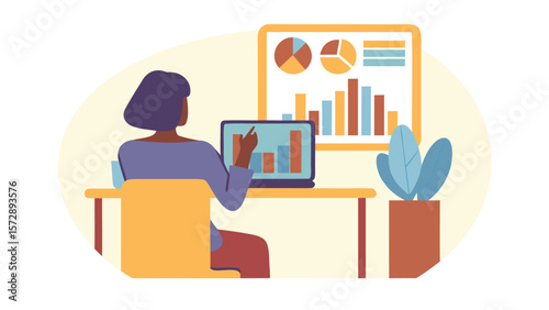 Woman analyzing charts and graphs on a laptop with a presentation board in the background at the office