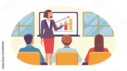 A woman giving a presentation to a group of people with a bar graph and an arrow on the screen shown