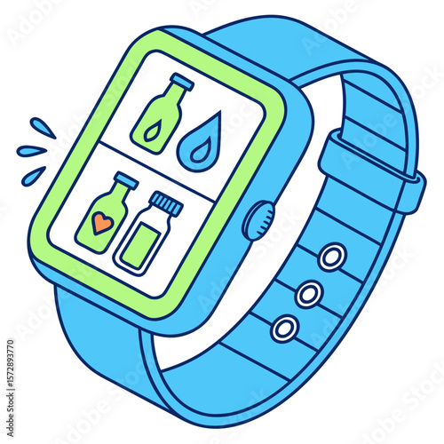 Smartwatch displaying hydration tracking with water bottles and droplets promoting healthy lifestyle and water intake monitoring on a digital screen with a blue strap