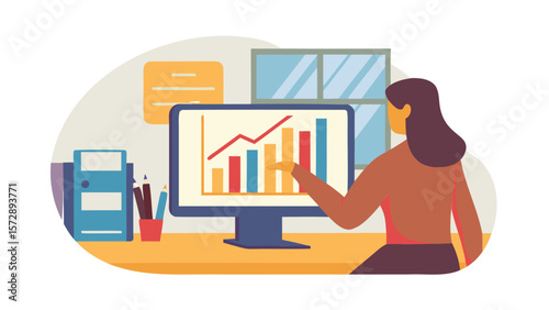 Woman presenting data on computer screen with bar graph and line graph in office setting showing growth is 100