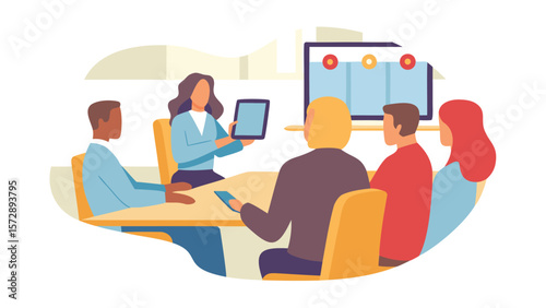 Illustration of a business meeting with a presenter holding a tablet and a screen in the background