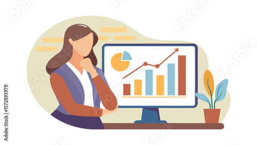 Businesswoman analyzing financial data on a computer screen with charts and graphs in a modern office setting