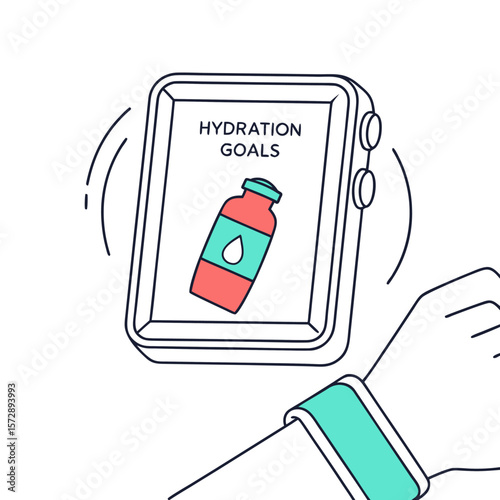 Smartwatch displays hydration goals with a water bottle icon reminding the user to drink water and stay hydrated throughout the day for better health and wellness