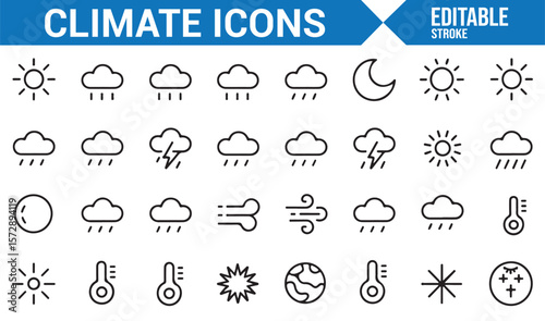 Climate and Weather Icons for Sun, Rain, Storm, Temperature, and Precipitation