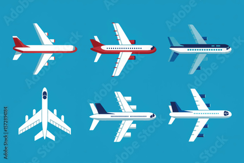 Minimalist flat illustration of six stylized commercial airplanes in two symmetric rows on light blue, using limited corporate tones 