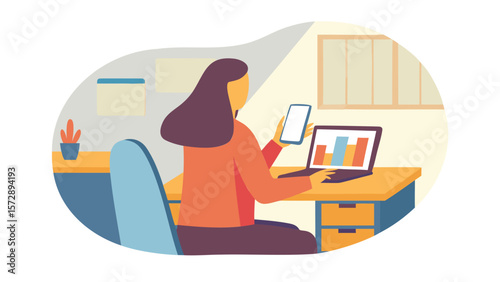 Illustration of a woman working at a desk with a laptop and phone in a home office setting indoors