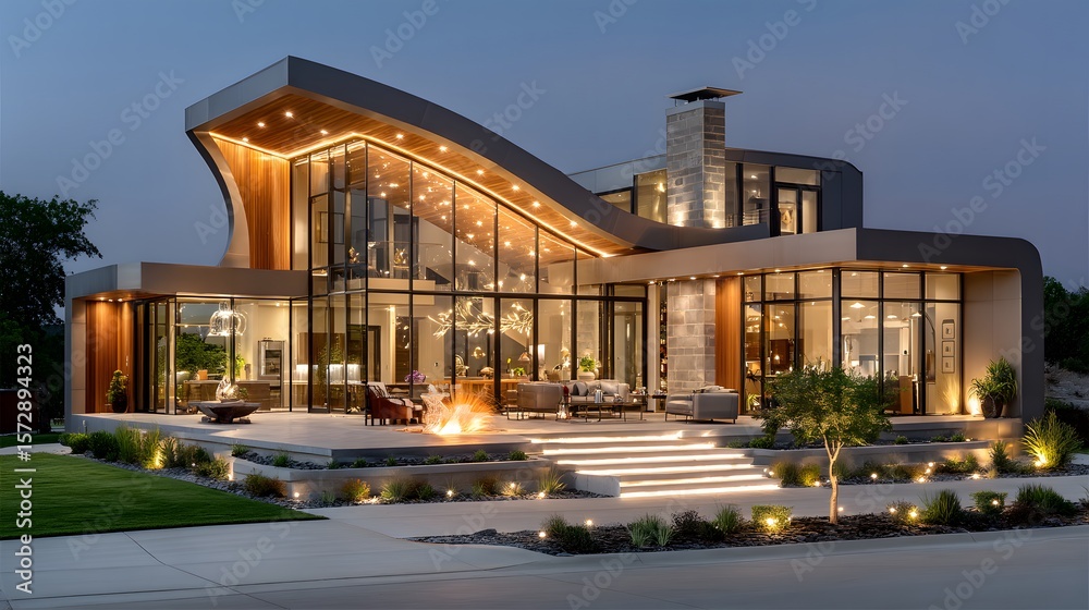 Fototapeta premium Modern glass office with elegant lighting high resolution picture