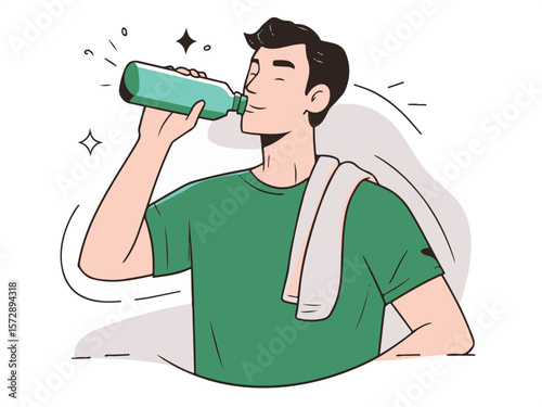 Man character drinking protein shake from shaker bottle after gym. Fitness and sport outline concept.