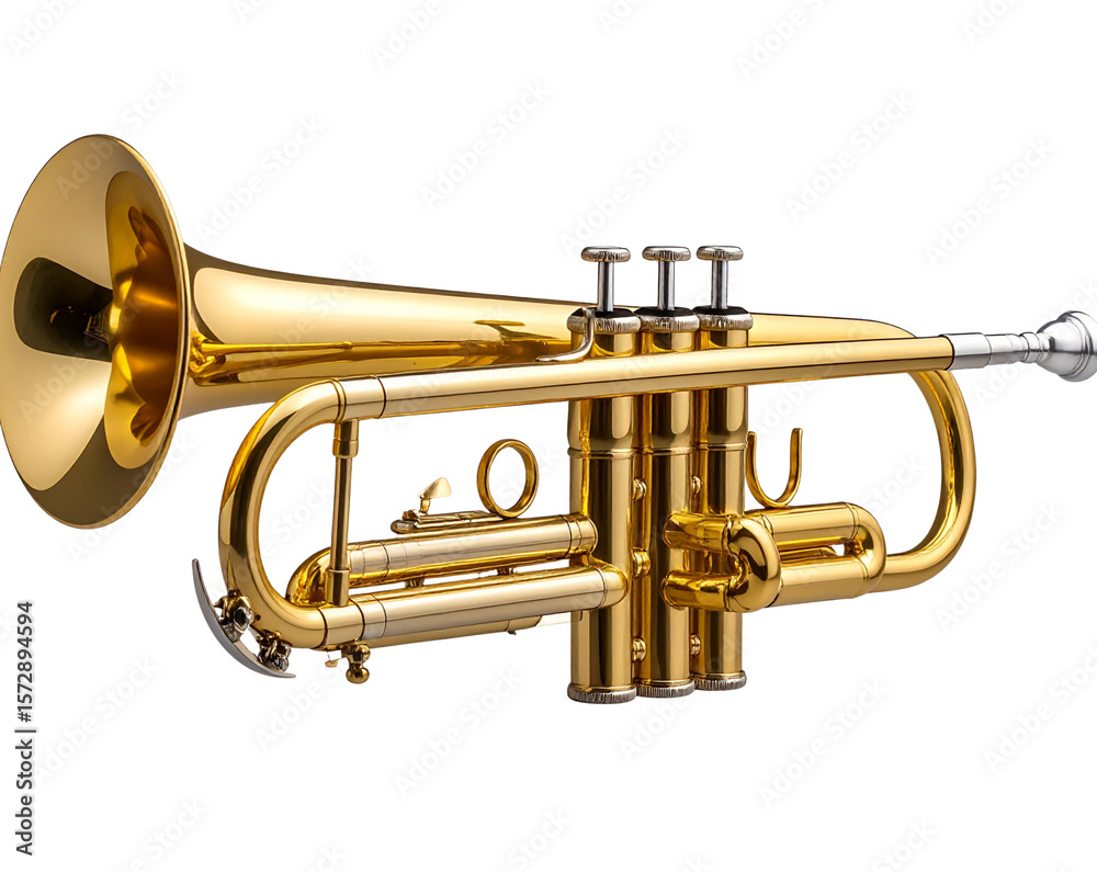 Naklejka premium Golden Trumpet Lying Horizontally with Reflective Brass Surface Isolated on Transparent Background PNG