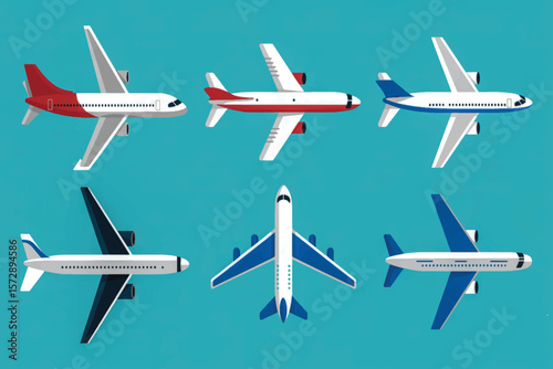 Minimalist flat illustration of six stylized commercial airplanes in two symmetric rows on light blue, using limited corporate tones 