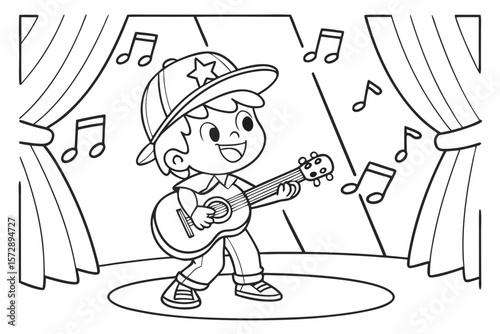Vector line art of a child playing guitar on a stage with musical notes around, coloring page style, thick lines, no shading, fun expression