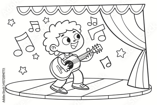 Vector line art of a child playing guitar on a stage with musical notes around, coloring page style, thick lines, no shading, fun expression