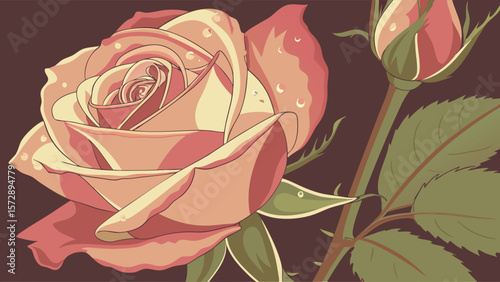 Elegant Rose with Dewdrops in Vector Illustration