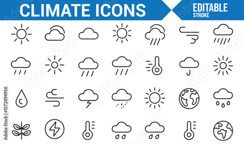 Set of Climate Symbols for Sun, Rain, Storm, Temperature, and Wind Conditions