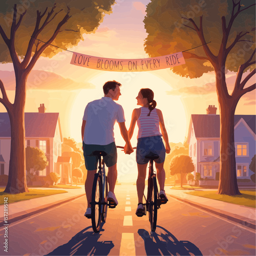 Romantic Sunset Bike Ride on a Tree-Lined Street 