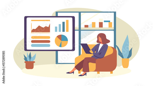 Woman in armchair using laptop in front of screen displaying graphs and charts in a modern office space