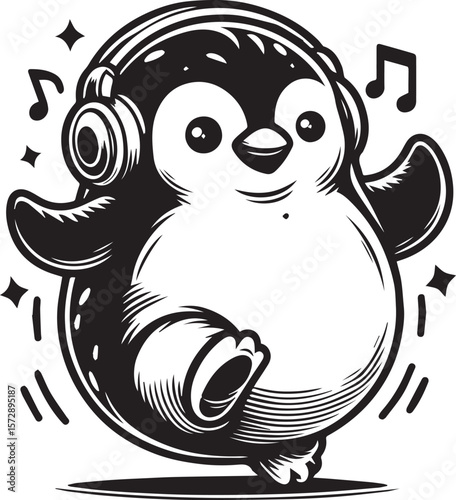 Adorable penguin wearing headphones and enjoying music notes in a fun black and white cartoon design.
