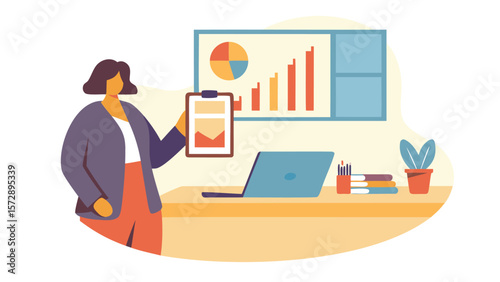 Woman presenting data on a clipboard in front of a desk with a laptop and graph display board
