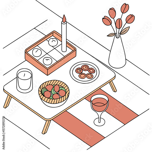 Cozy isometric illustration of a romantic dinner setup with a candle lit a glass of wine a bowl of fruit and a vase of tulips on a tray table