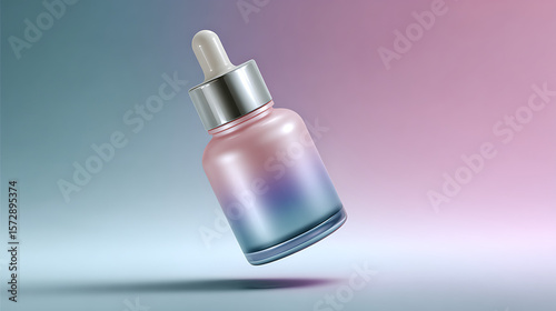 Holographic Pink Blue Glass Bottle with Dropper on Gradient Background