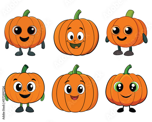 Six happy orange pumpkins with green stems halloween
