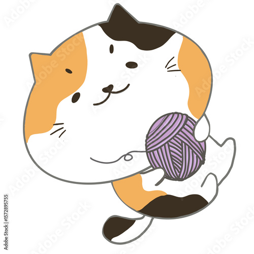 Cute cat cartoon holding a ball of purple yarn. 
Cat cartoon illustration isolated on transparent background.