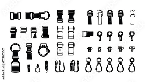 Assorted black buckles clips and rings on white background hardware fasteners