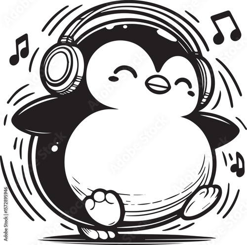 Adorable penguin wearing headphones and enjoying music notes in a fun black and white cartoon design.