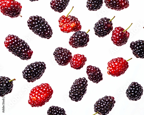 Scattered arrangement of fresh mulberries, showing their vibrant colors and texture