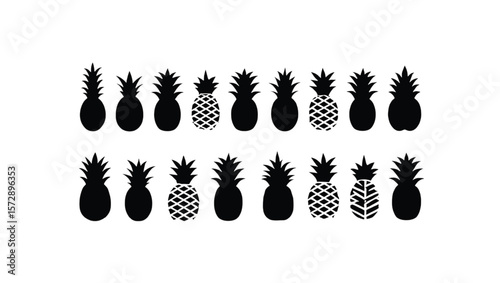 Black pineapple silhouettes with varied patterns on white background fruit tropical