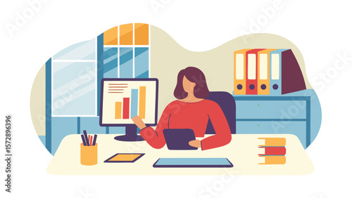 Illustration of a woman at a desk working on a computer with charts and holding a tablet device near window
