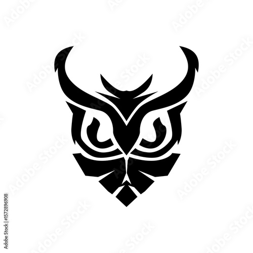 Illustration of a tribal style owl head logo or black e-sports mascot with sharp lines and sharp eyes, very suitable for gaming designs, sports teams or strong branding.