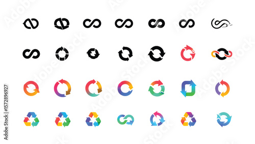 Circular arrows and infinity symbols in various styles loop recycle