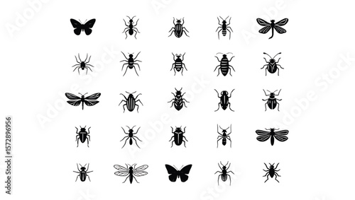 Collection of various insect silhouettes butterfly beetle