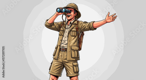 Man in safari outfit using binoculars and gesturing with open hand in excitement view