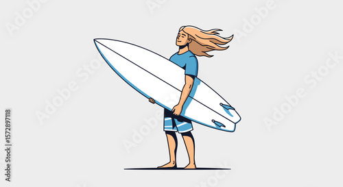 A surfer with blonde hair standing holding a white surfboard under his arm smiling