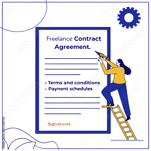 A woman climbs a ladder to sign a freelance contract agreement emphasizing the importance of terms conditions payment schedules and signatures in professional engagements