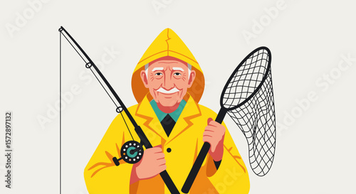 Illustration of an elderly man in a yellow raincoat holding a fishing rod and net tool