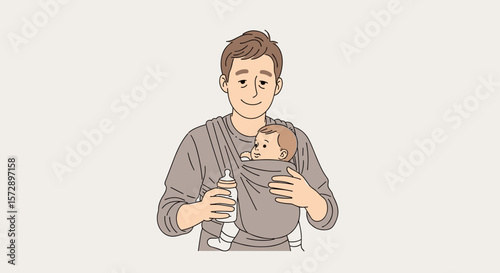 A father holding a baby in a carrier while holding a baby bottle in his other hand