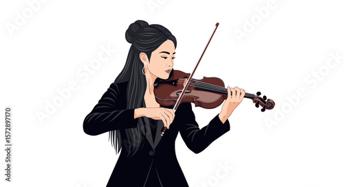 A woman with long black hair playing a brown violin with a bow in a black suit jacket