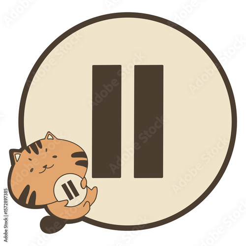 Illustration of pause button with little orange cat. Cute pause button illustration isolated on transparent background.