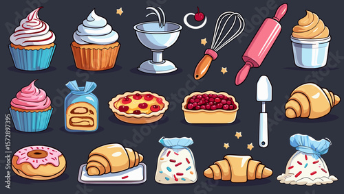 A collection of baked goods and baking utensils arranged on a dark background scene
