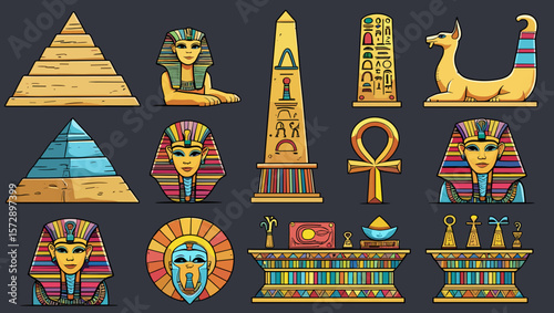Illustration of various egyptian cultural symbols including pyramids and pharaohs masks