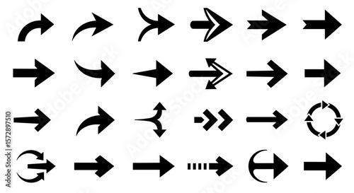 Collection of twenty four black arrow illustrations pointing in various directions