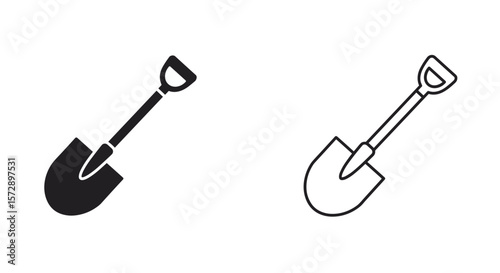 Illustration depicting two shovels one in solid black and one in outline on white background