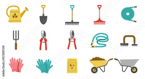 Illustration of various gardening tools including watering can shovel and wheelbarrow